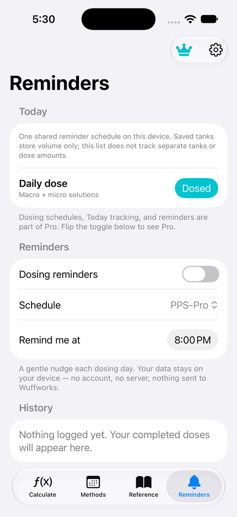 AquaDose Reminders tab screenshot