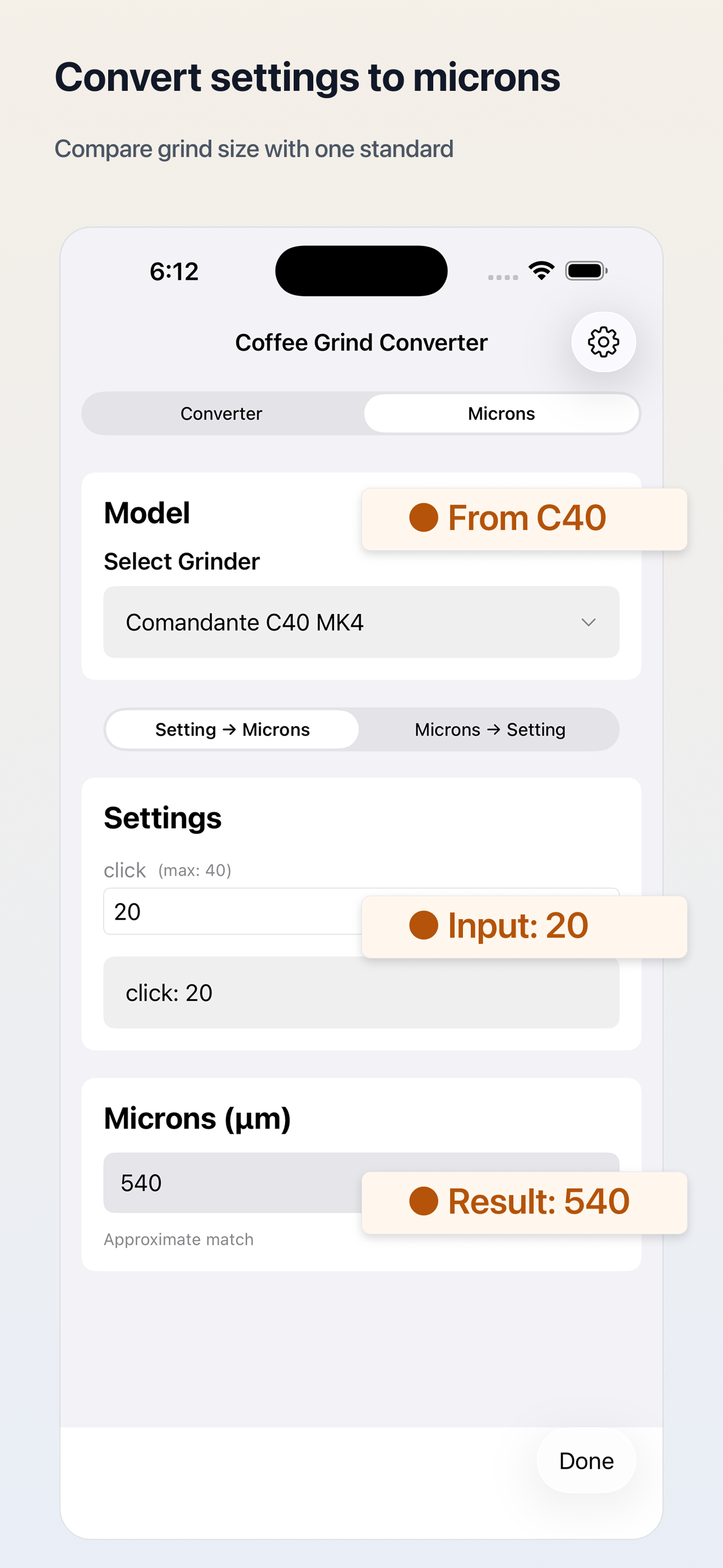 Convert coffee grinder settings to microns in one step