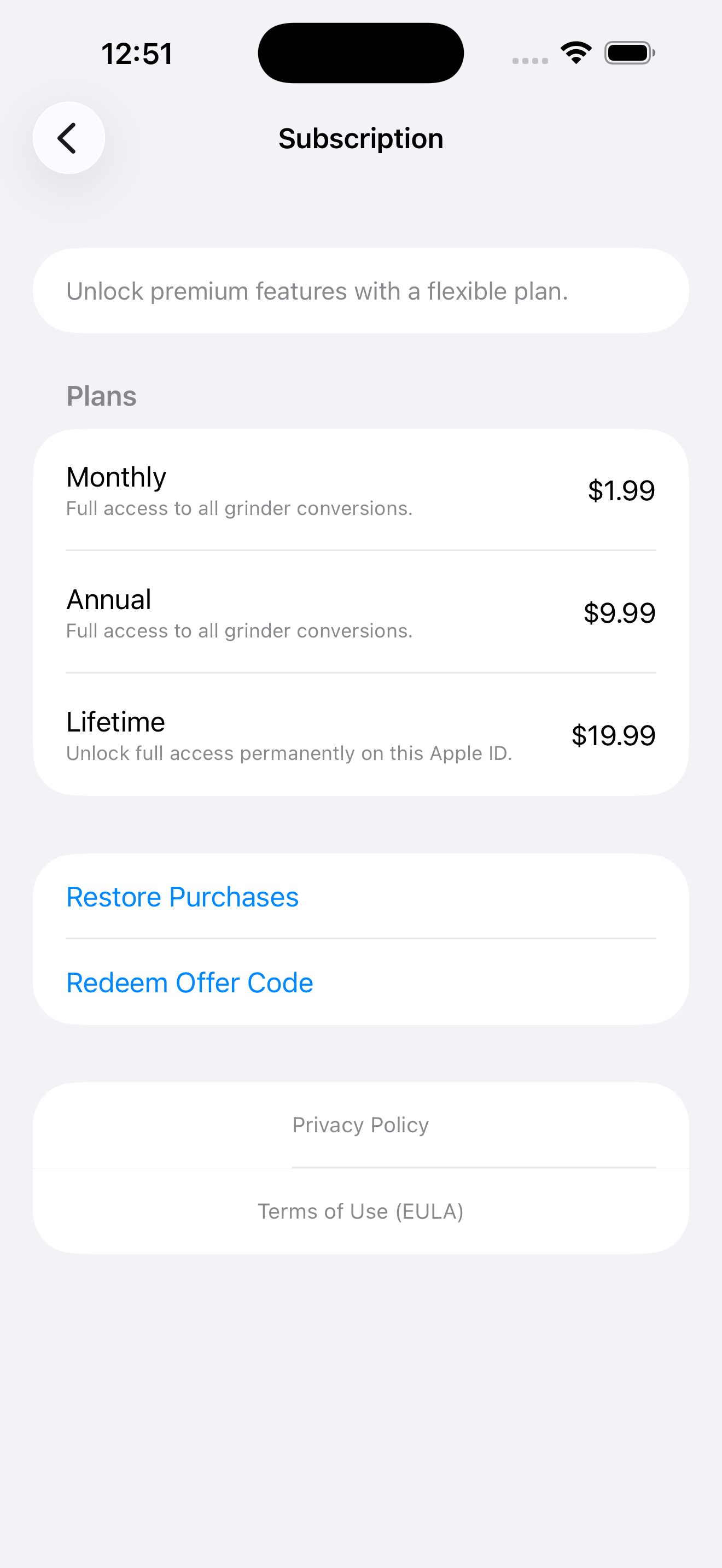 GrindConverter subscription and premium access screen